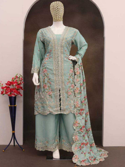 YNF Stitched Real Vichitra Silk Sequence Work Palazzo Suit with Embroidered Dupatta