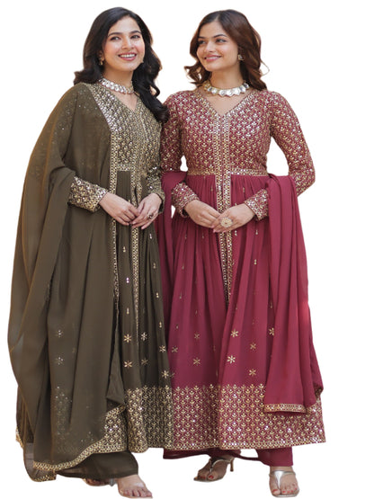 ES Faux Georgette with Embroidered Work Readymade Kurti with Pant & Dupatta Set