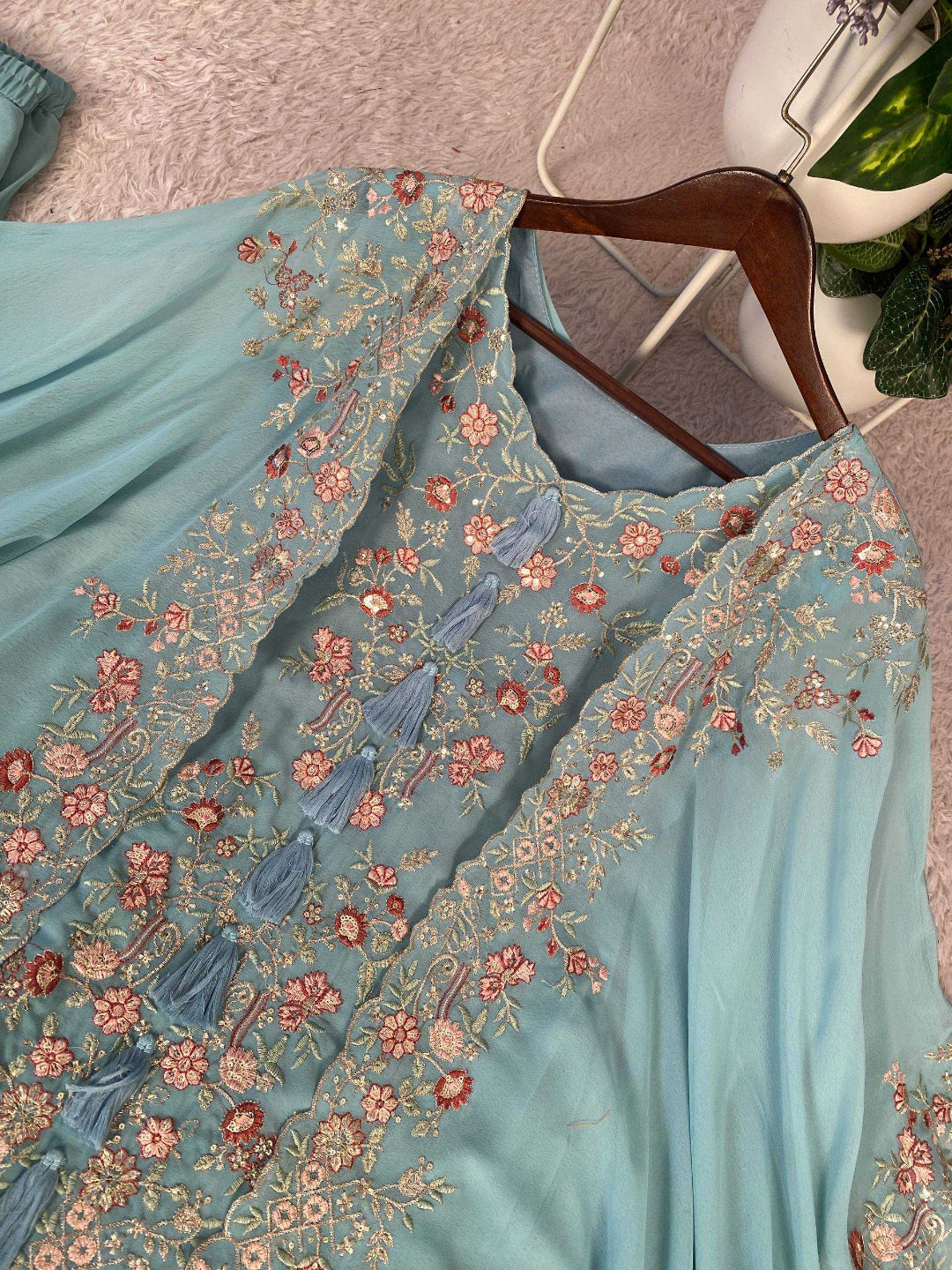 Women's Faux Georgette Sequence Embroidered 3-Piece Shrug, Kurta & Palazzo Set - RE