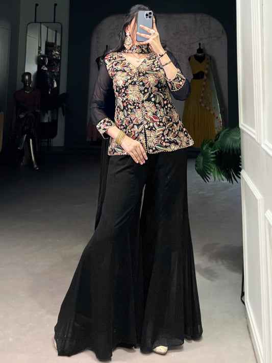 ES Georgette Plazzo Kurta Set with Sequins and Thread Embroidery Work