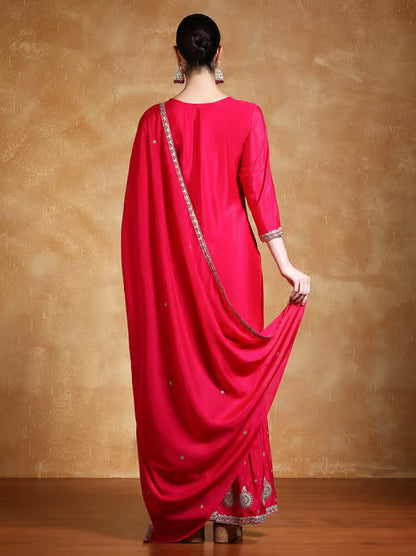 KF Women Zari Embroidered Yoke Kurta With Sharara And Dupatta