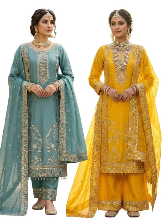 RE Pure GMY Silk Embroidered Suit Set with Sequence Work Palazzo and Dupatta (Sizes M-XXL)