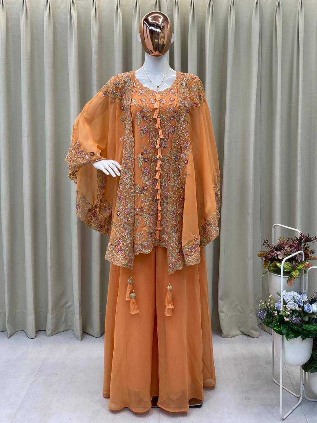 Women's Faux Georgette Sequence Embroidered 3-Piece Shrug, Kurta & Palazzo Set - RE