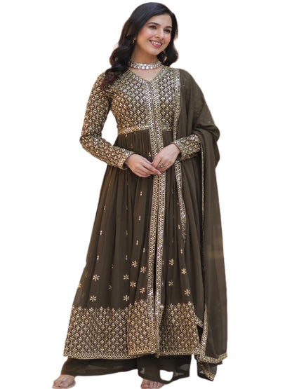 ES Faux Georgette with Embroidered Work Readymade Kurti with Pant & Dupatta Set