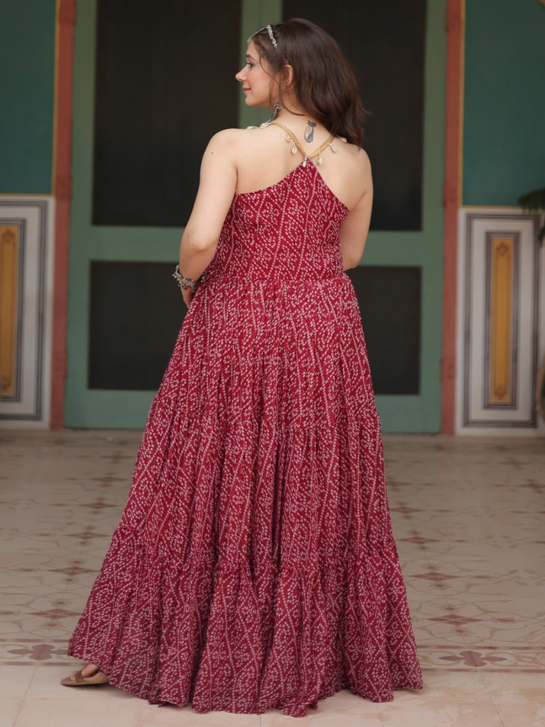 ES Bandhani Printed Sleeveless Gown with kutchi patchework in Faux Georgette.