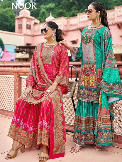 YNF Pure Crape Silk Fully Stitched Sharara Suit with Digital Print & Real Mirror Work