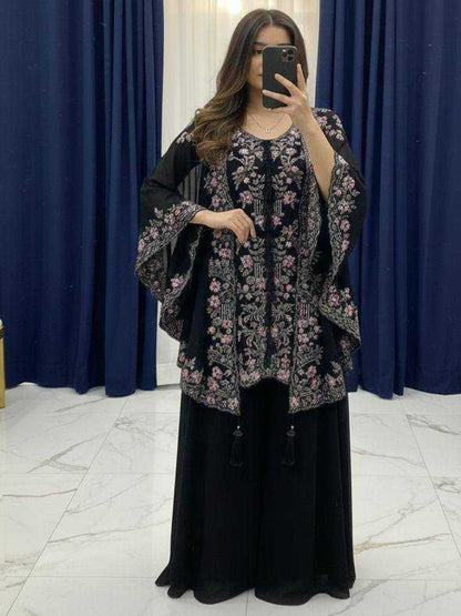 Women's Faux Georgette Sequence Embroidered 3-Piece Shrug, Kurta & Palazzo Set - RE