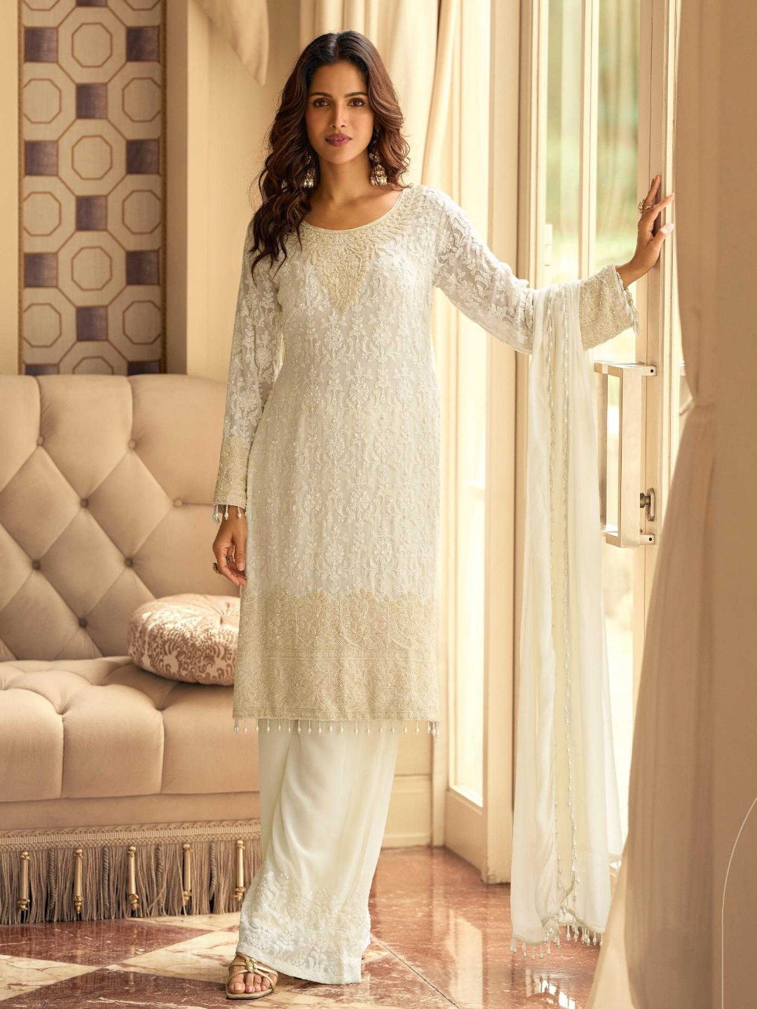 RE Premium Real Georgette Embroidered Suit Set with Sequin & Bead Work - Fully Stitched