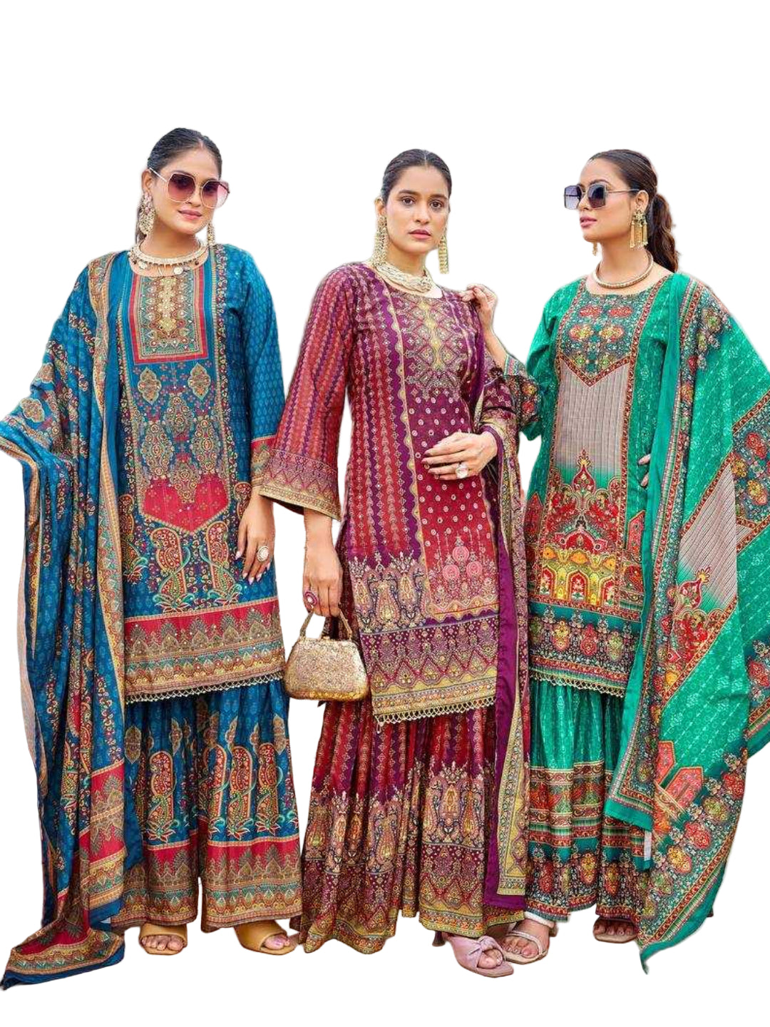 YNF Pure Crape Silk Fully Stitched Sharara Suit with Digital Print & Real Mirror Work