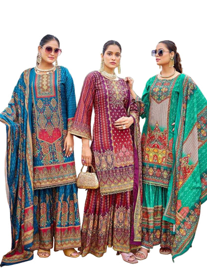 YNF Pure Crape Silk Fully Stitched Sharara Suit with Digital Print & Real Mirror Work