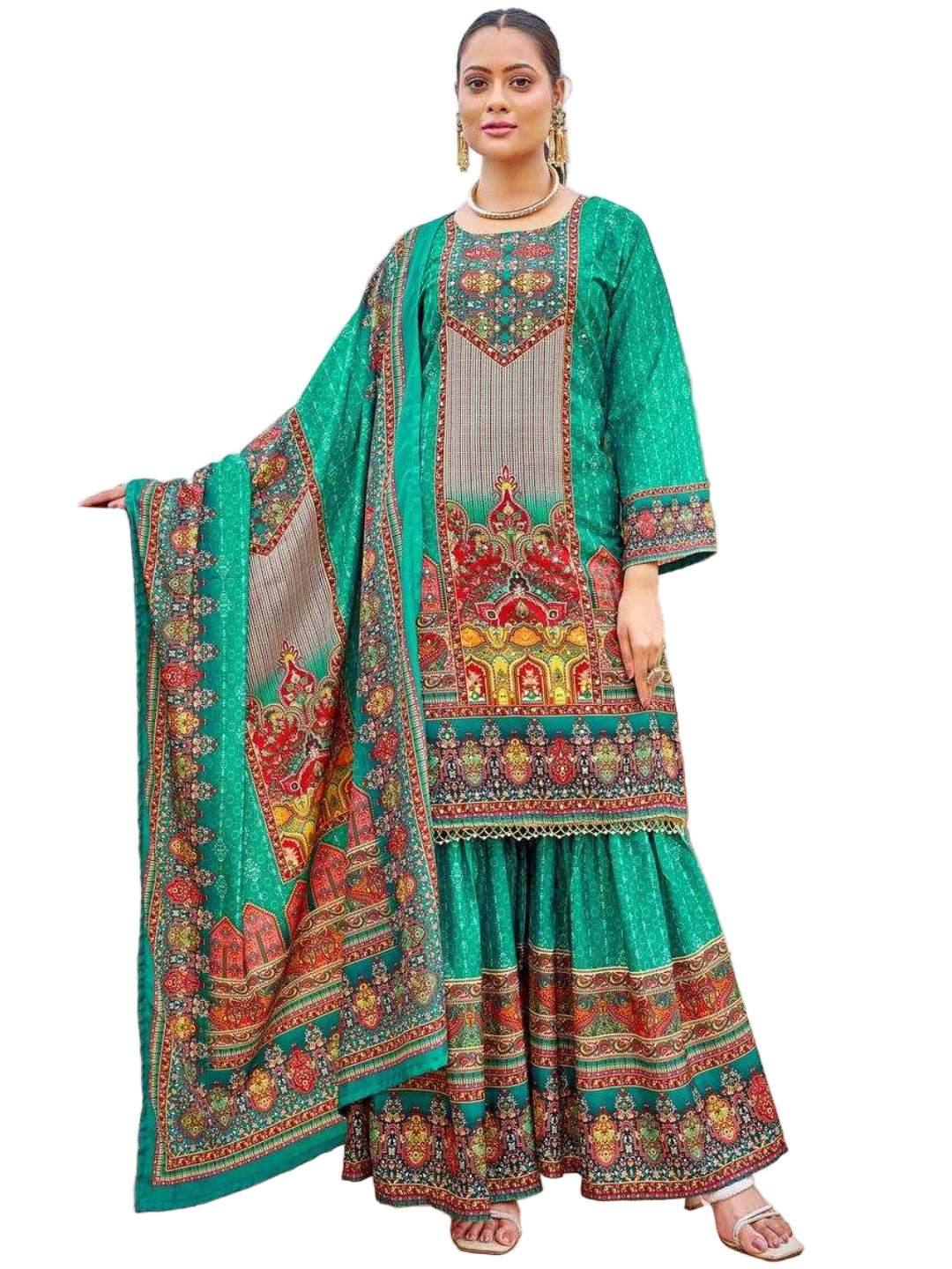 YNF Pure Crape Silk Fully Stitched Sharara Suit with Digital Print & Real Mirror Work