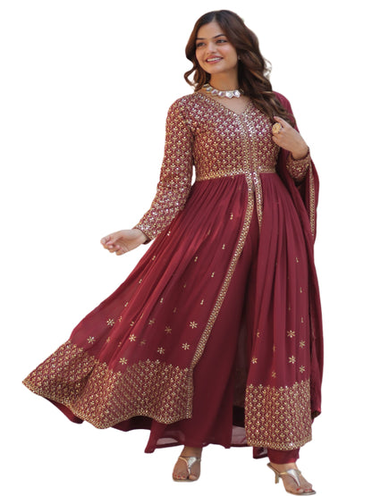 ES Faux Georgette with Embroidered Work Readymade Kurti with Pant & Dupatta Set