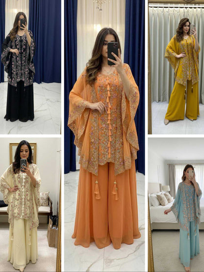 Women's Faux Georgette Sequence Embroidered 3-Piece Shrug, Kurta & Palazzo Set - RE