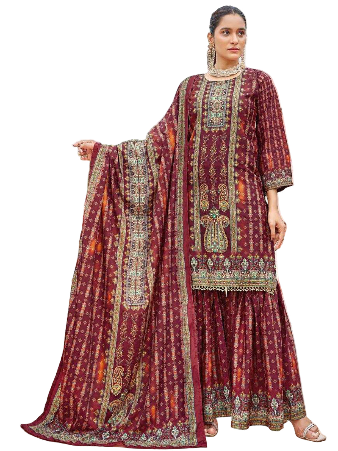 YNF Pure Crape Silk Fully Stitched Sharara Suit with Digital Print & Real Mirror Work