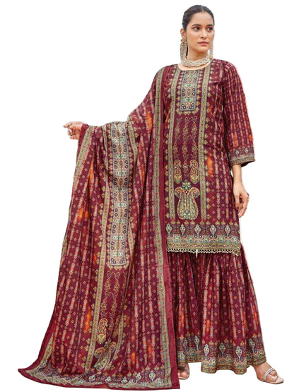 YNF Pure Crape Silk Fully Stitched Sharara Suit with Digital Print & Real Mirror Work