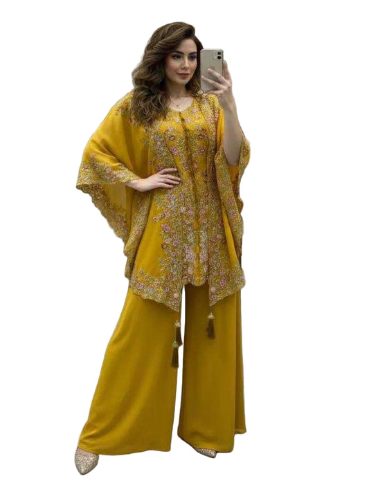 Women's Faux Georgette Sequence Embroidered 3-Piece Shrug, Kurta & Palazzo Set - RE