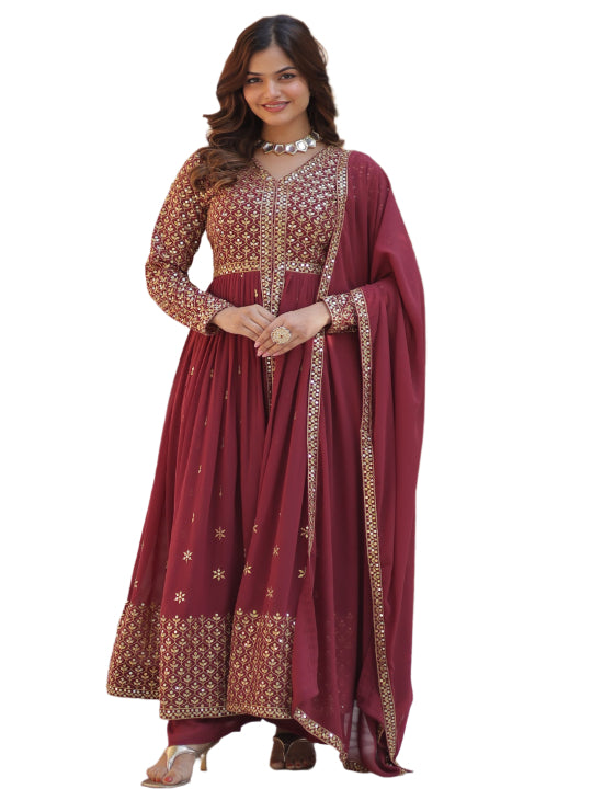 ES Faux Georgette with Embroidered Work Readymade Kurti with Pant & Dupatta Set