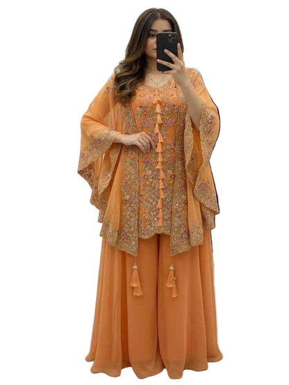 Women's Faux Georgette Sequence Embroidered 3-Piece Shrug, Kurta & Palazzo Set - RE