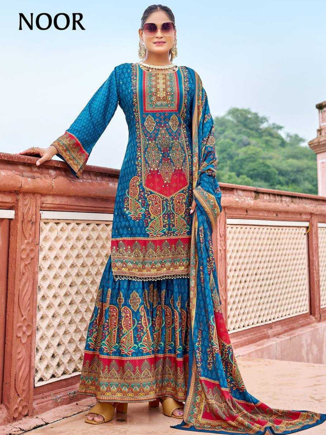 YNF Pure Crape Silk Fully Stitched Sharara Suit with Digital Print & Real Mirror Work