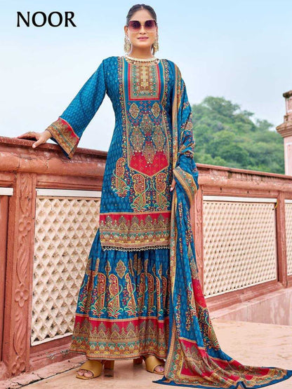 YNF Pure Crape Silk Fully Stitched Sharara Suit with Digital Print & Real Mirror Work