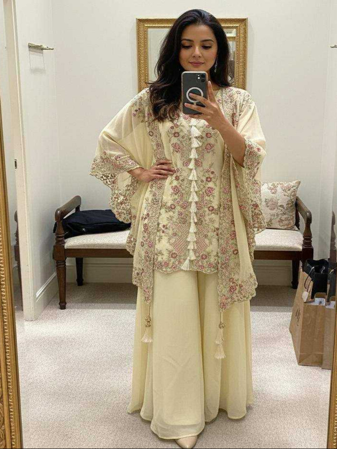 Women's Faux Georgette Sequence Embroidered 3-Piece Shrug, Kurta & Palazzo Set - RE