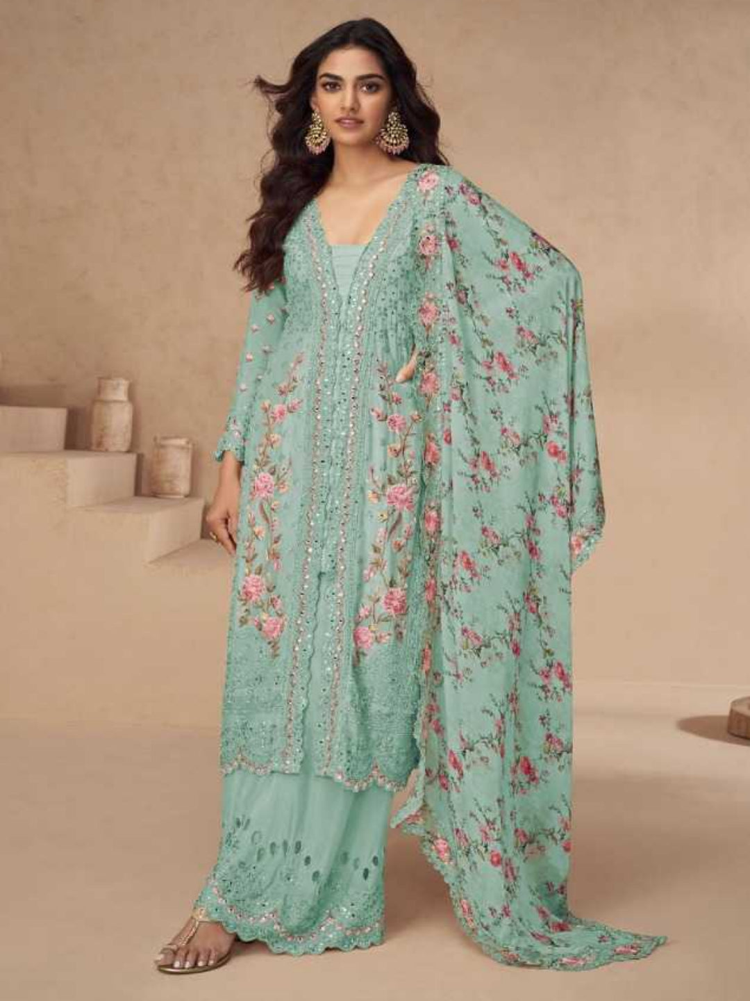 YNF Stitched Real Vichitra Silk Sequence Work Palazzo Suit with Embroidered Dupatta
