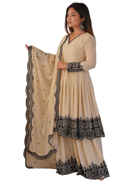 RE Women's Premium Faux Georgette Embroidered Palazzo Suit Set with 2.2m Dupatta