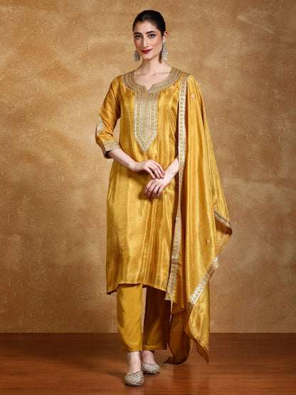 KF Zari Embroidered Yoke Kurta With Trousers And Dupatta