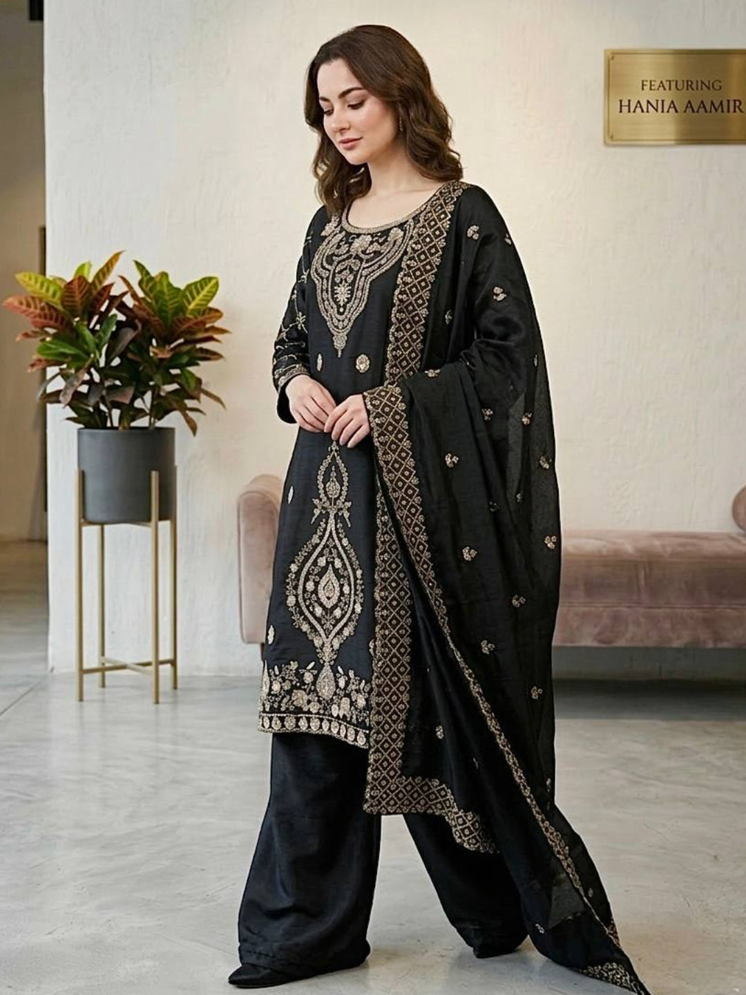 Women’s Jimmy Choo Silk Embroidered Top and Sharara Set with Sequence Cutwork Dupatta - RE