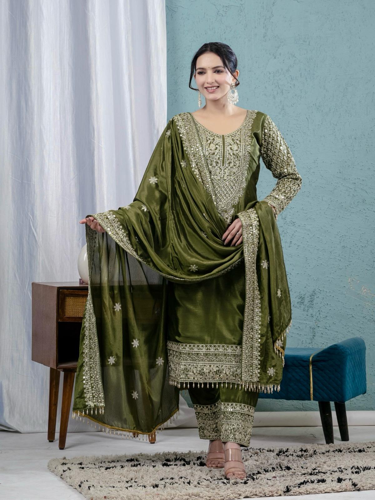 ES Chinnon Silk Suite With Heavy Embroidery Coding Sequence Work