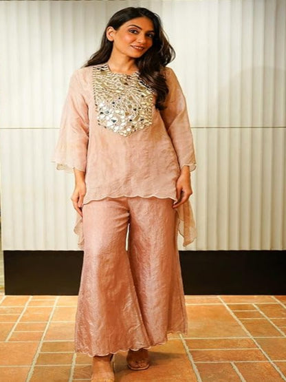 RE Designer Tebby Silk Co-ord Set with Mirror Work & Semi-Bell Sleeves