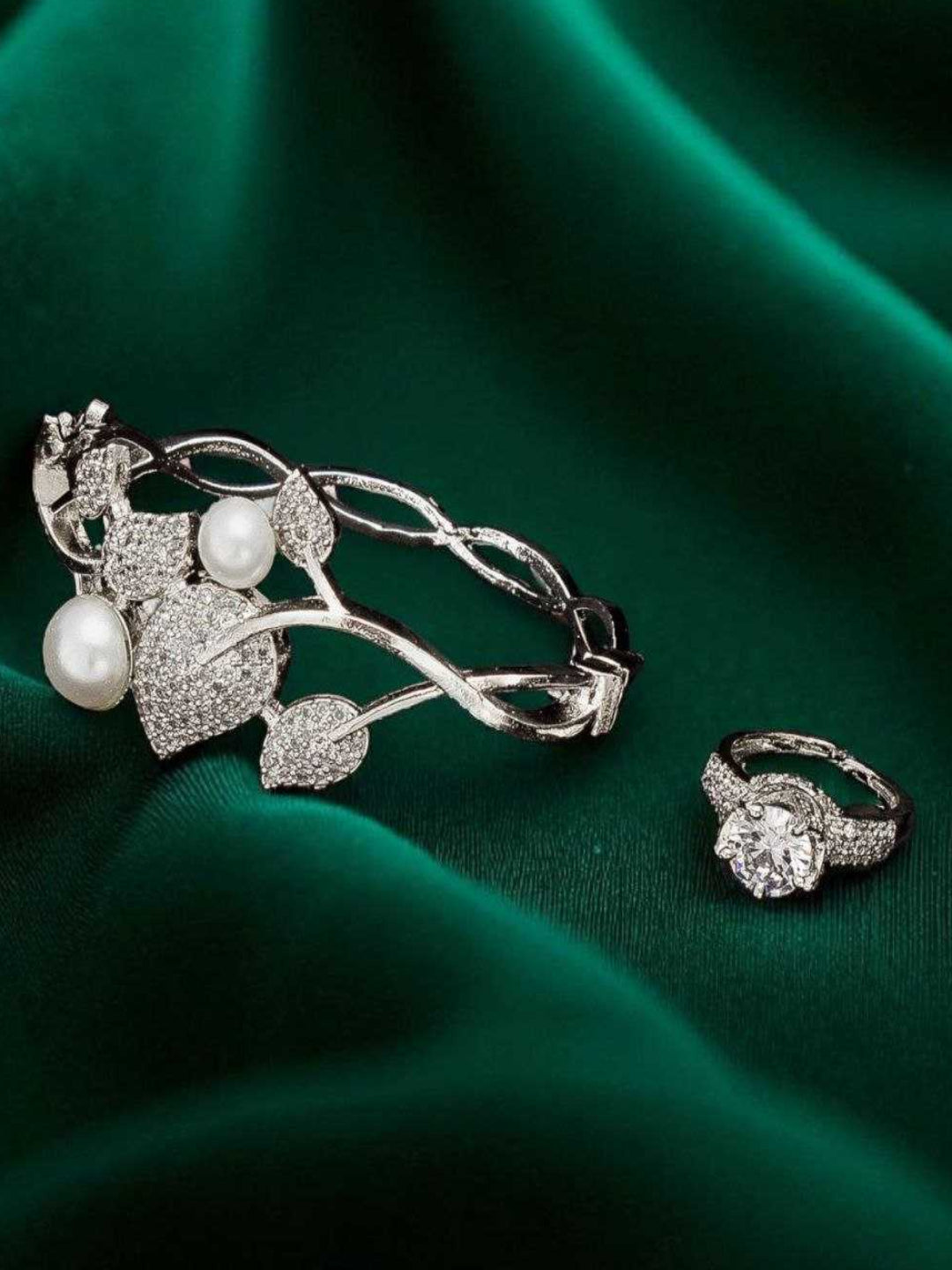 YNF Designer Silver-Plated AD Diamond Kada Bracelet with Matching Antique Ring Set