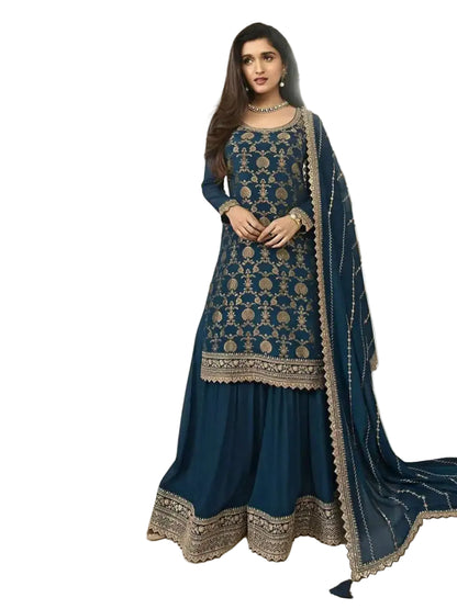 WT Women's Plus Size Heavy Blooming Chinon Jacquard Suit with Embroidered Plazzo