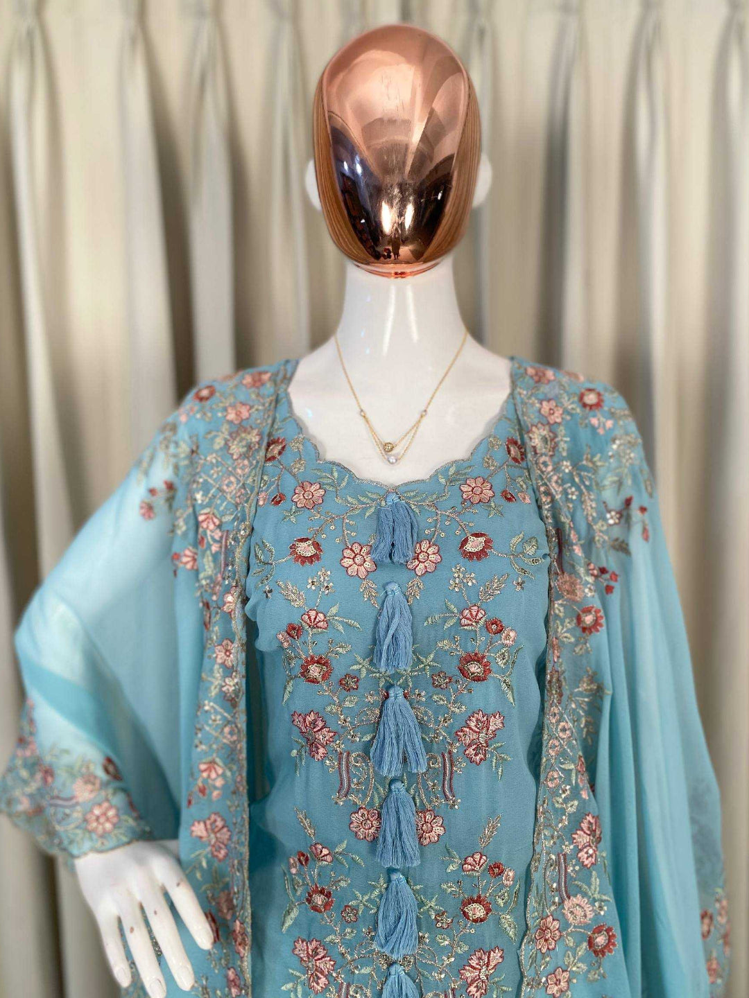 Women's Faux Georgette Sequence Embroidered 3-Piece Shrug, Kurta & Palazzo Set - RE