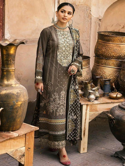 ICF Women's Silk Blend ICF Women's Silk Blend Brown Flora Printed & Embroidered Kurti with Pant & Dupatta Set Printed & Embroidered Kurti with Pant & Dupatta Set