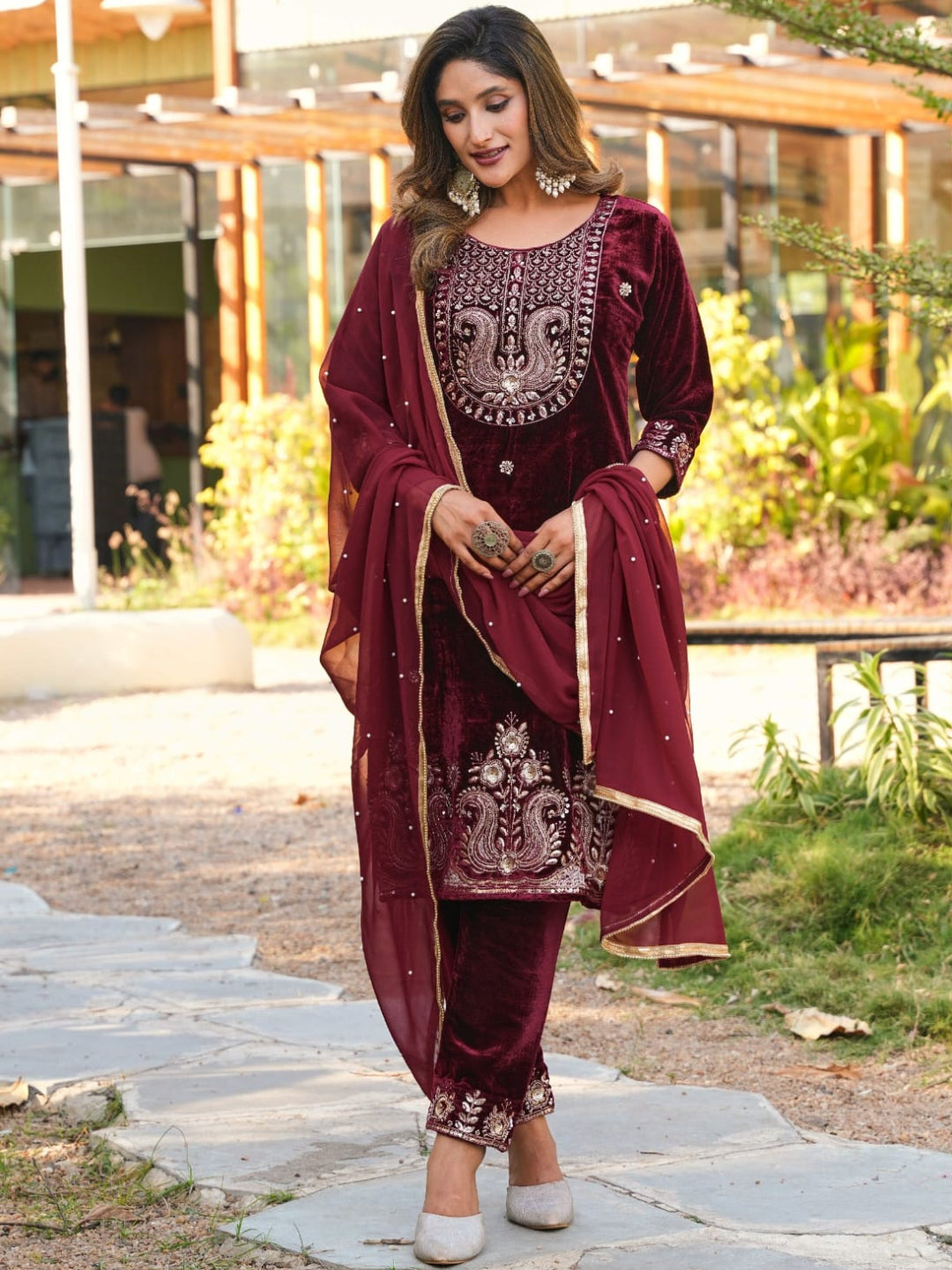 RE Designer 9000 Velvet Embroidered Suit Set with Sequin Work & Pearl Lace Dupatta (M-XXL)