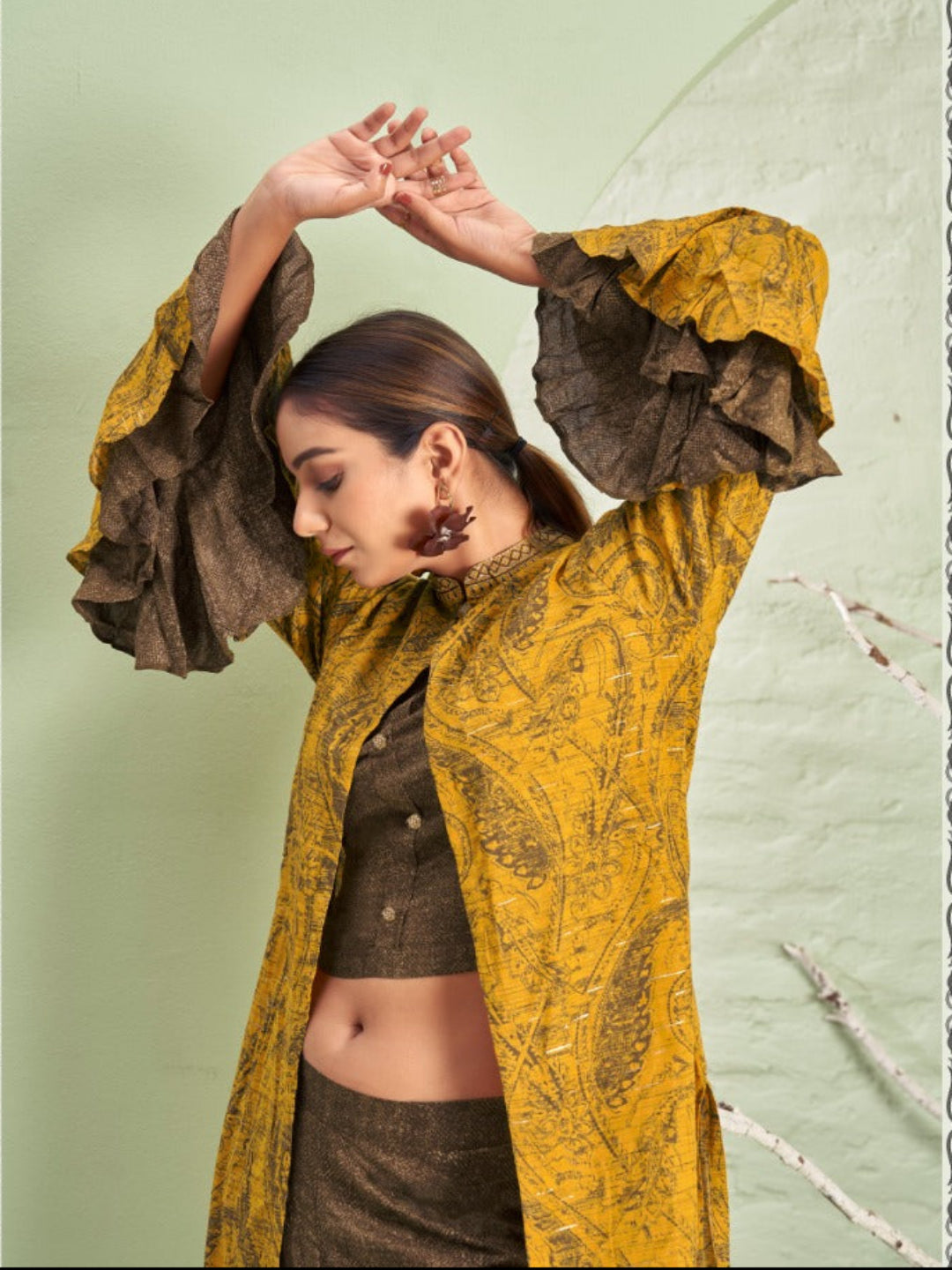 MV Women Floral Print Crop Top with Palazzo & Jacket Co-Ord Set -M-2XL