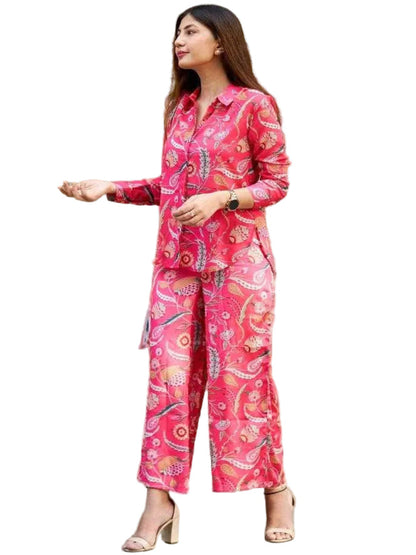 SS Pink Floral Print Cotton Blend Top & Bottom Co-ord Set With Pocket