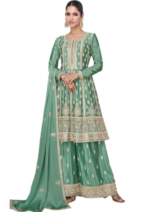 ES Women Premium Chinnon Silk  Top & Plazzo With Matching Dupatta
