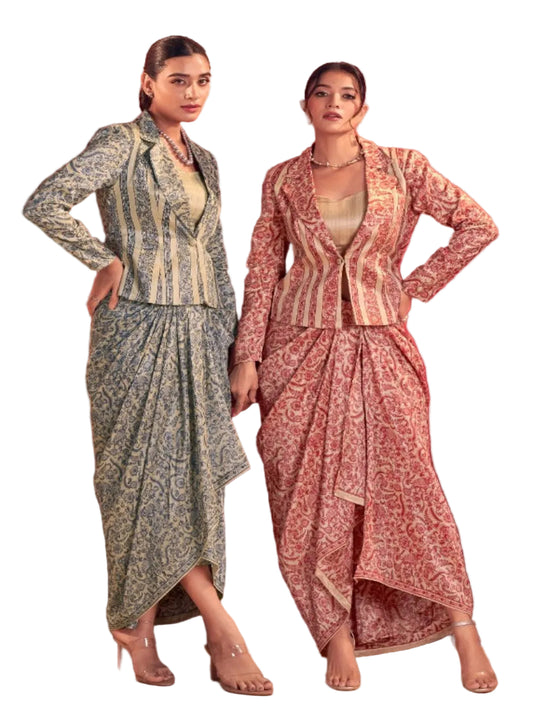 Women's Tasar Silk Printed 3-Piece Indo Western - Stitched Blouse, Top & Trousers- RE