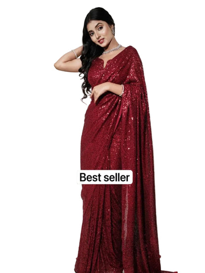 RE Designer Red Georgette Saree with All-Over Sequins & Banglori Silk Blouse