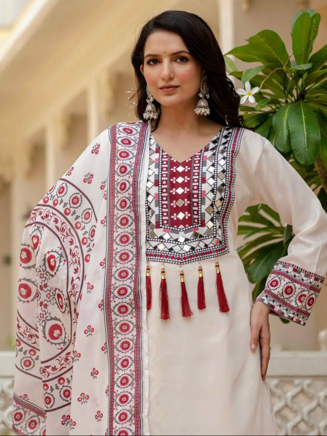 RE Maslin Silk Digital Printed Suit Set with Real Mirror Work and Palazzo (Sizes M-XXL)
