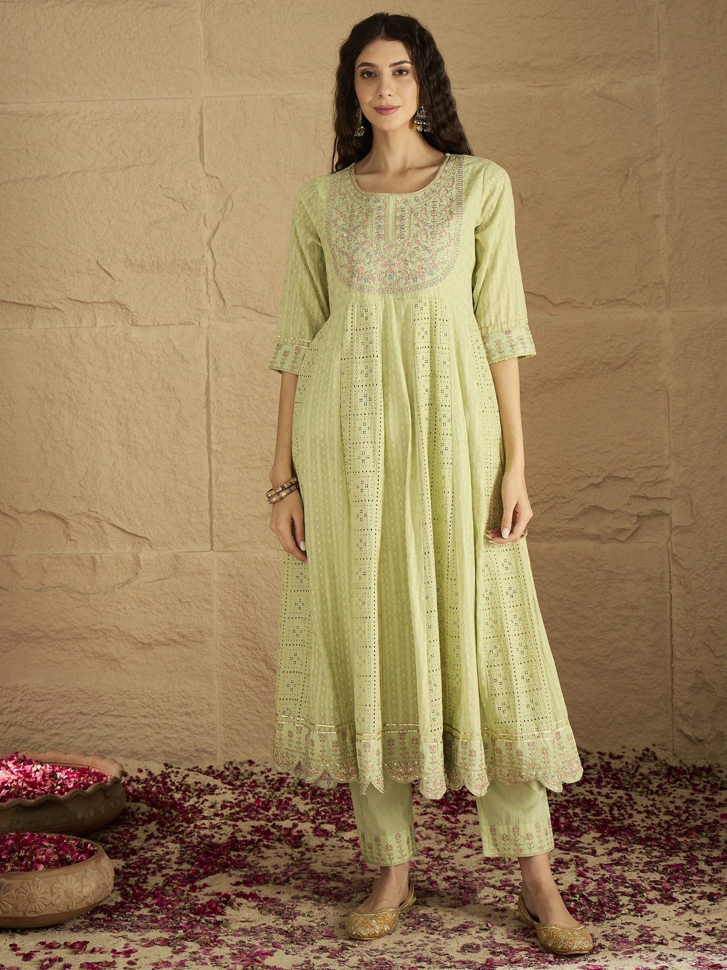 KF Mirror and Thread Embroidered, Zari Embellished Anarkali Kurta With Printed Bottom and Embroidered Dupatta