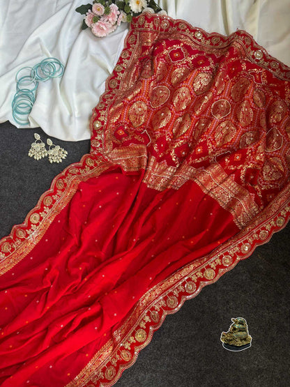 YNF Designer Dola Silk Saree with Khatli Cutdana & Moti Handwork and Velvet Codding Lace Border