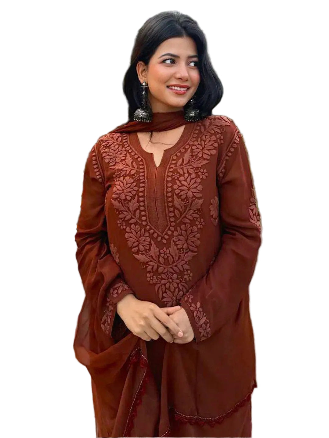 RE Designer Embroidered Georgette Kurti Palazzo Set with Lace Dupatta