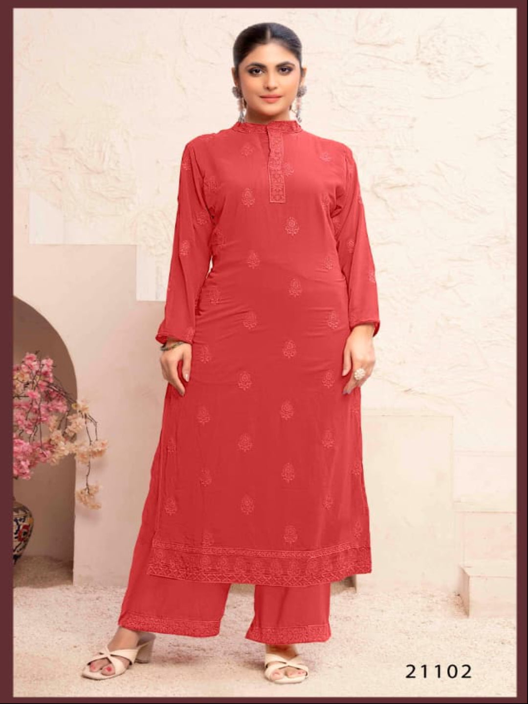 MV Embroidered Fox Georgette Kurti with Heavy Muslin Pants | Stitched Inner Kurta Set