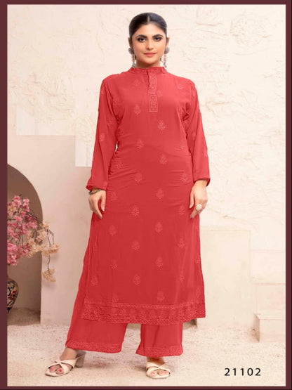 MV Embroidered Fox Georgette Kurti with Heavy Muslin Pants | Stitched Inner Kurta Set