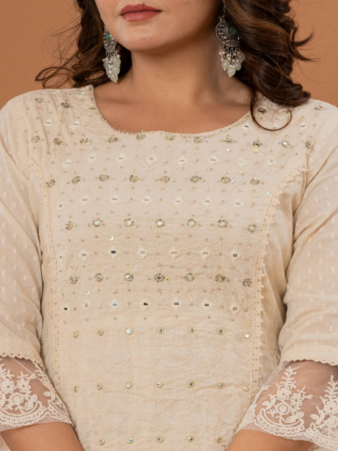 KF Women Embroidered Panelled Mirror Work Pure Cotton Kurta with Trousers & Dupatta