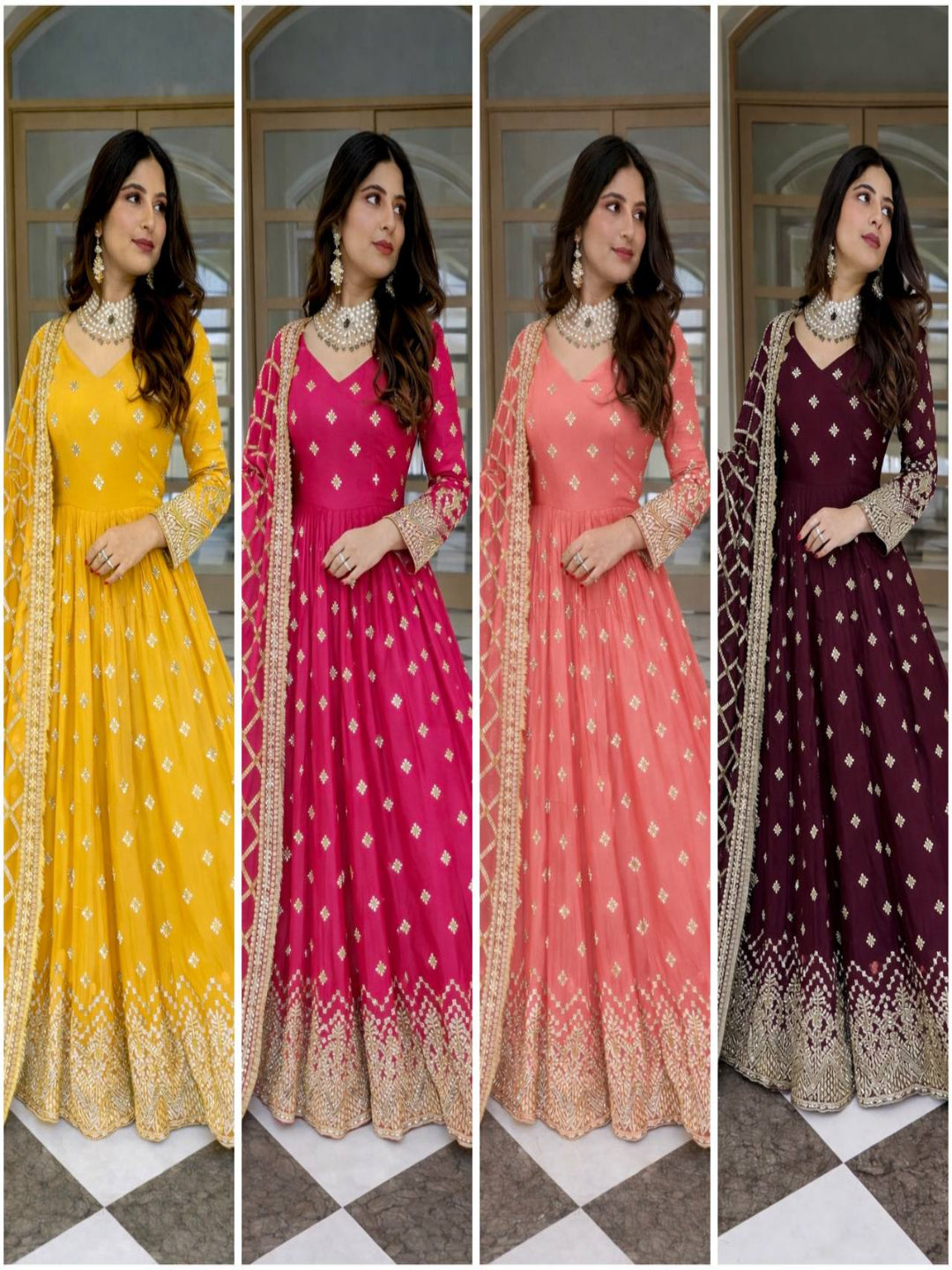 RE Heavy Fox Georgette Sequence Embroidery Gown Set with Butter Silk Pants & Zalar Dupatta