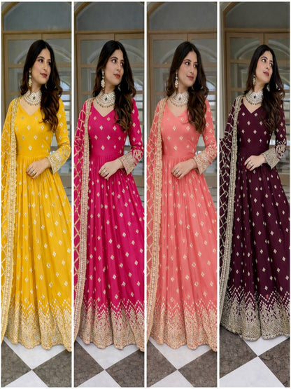 RE Heavy Fox Georgette Sequence Embroidery Gown Set with Butter Silk Pants & Zalar Dupatta